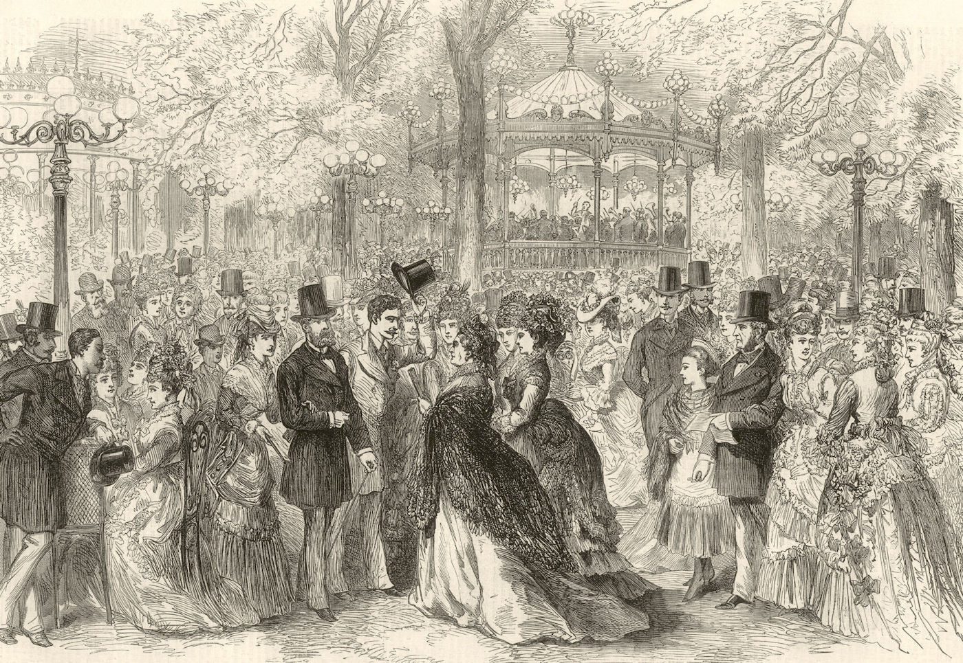 Fashionable promenade & concert in the Champs Elysees, Paris. Bandstand 1874